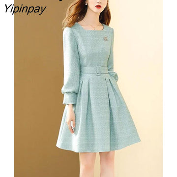 Yipinpay 2023 Spring French Style Long Sleeve A-Line Dress Women Elegant Sashes Solid O Neck Mini Dresses Party Vestidos